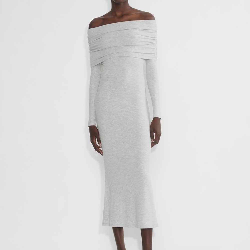 Aritzia Off-the-Shoulder Long Sleeve Midi Dress in Light Gray